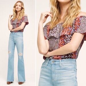 Maeve by Anthropologie Vallita Purple Pink Floral Off Shoulder Top Size Small